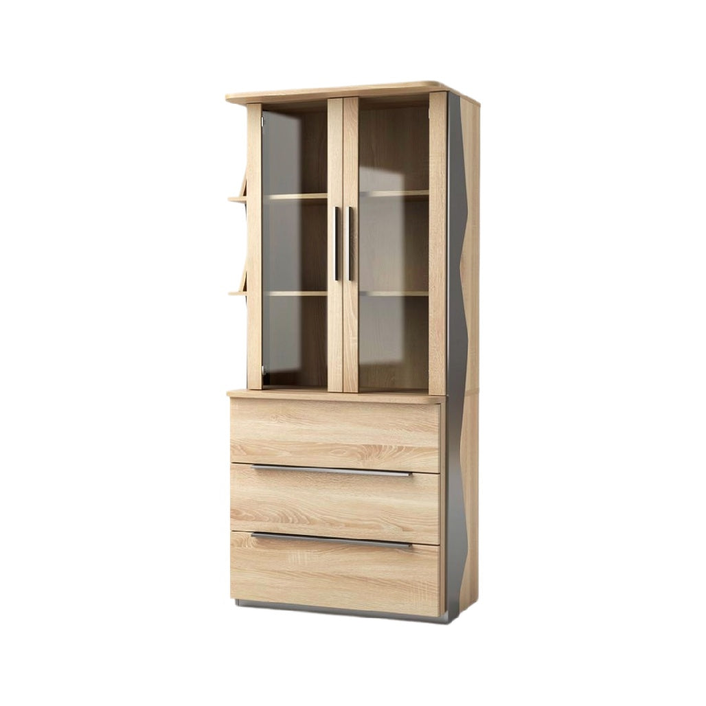 Modern Wooden Display Cabinet with Glass Doors and Drawers