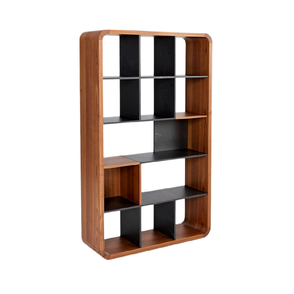 "Modern Wooden and Metal Bookshelf with Unique Compartments"