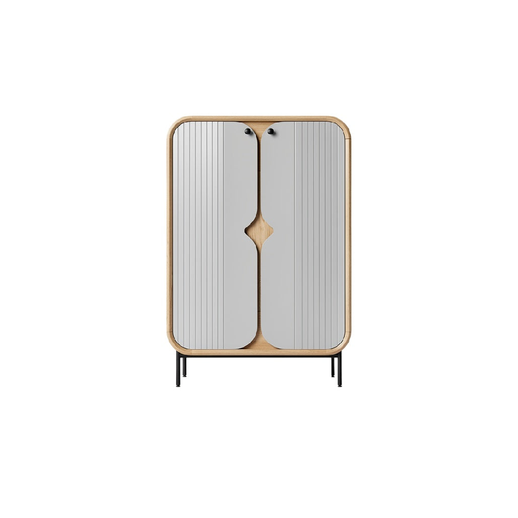 "Modern Grey Cabinet with Wood Accents"