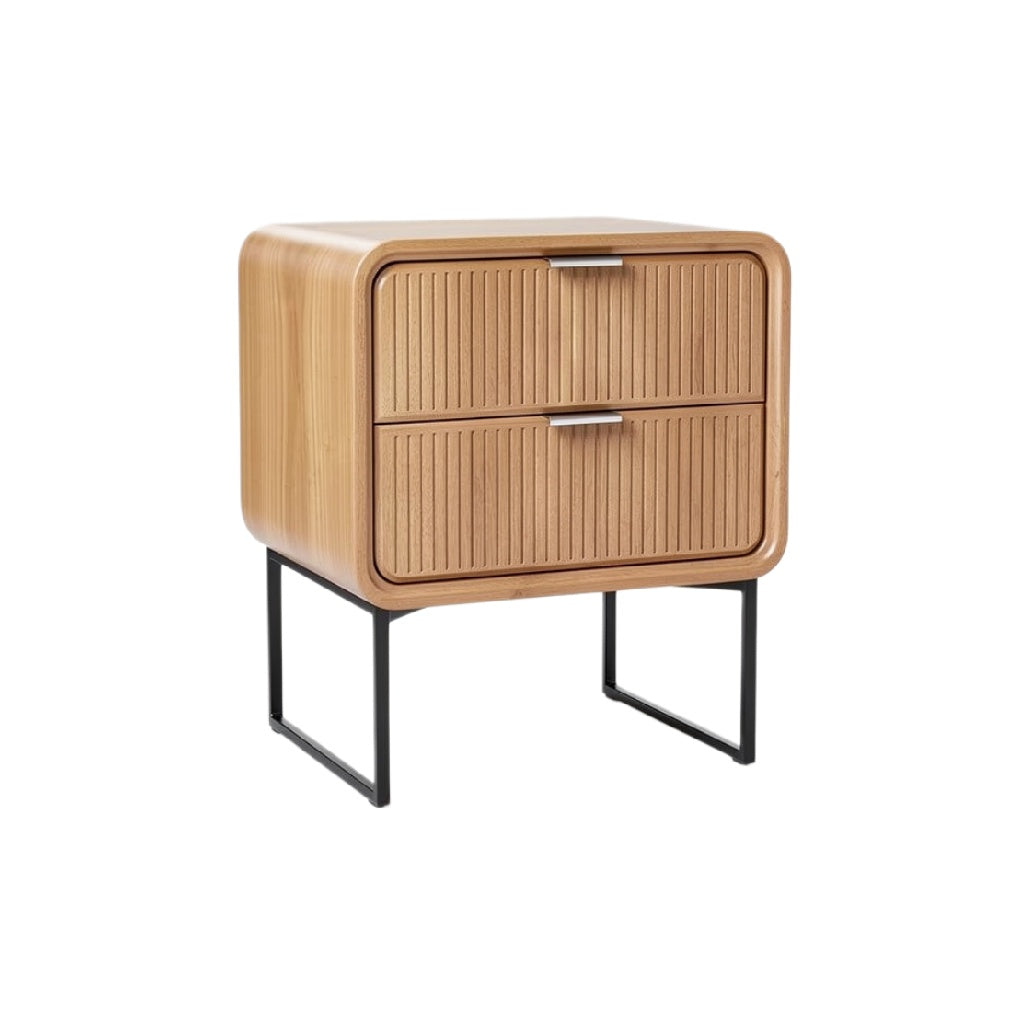 "Modern Wooden Nightstand with Two Drawers and Metal Legs"
